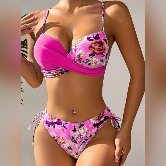 Floral Barbiecore Plus Size Fashionable Dopamine Pink Bikini Set-(#1,416) - Picture 1 of 8